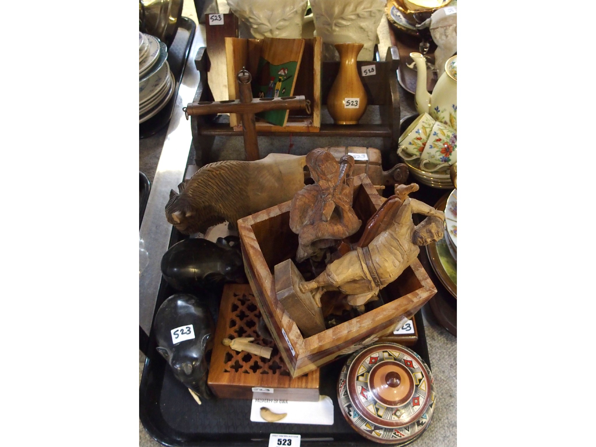 Appraisal: Assorted treen items including boxes figures animals bookshelf etc