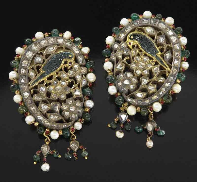 Appraisal: Pr Mughal-style gem-set enameled K gold earringsmounted with diamonds emeralds