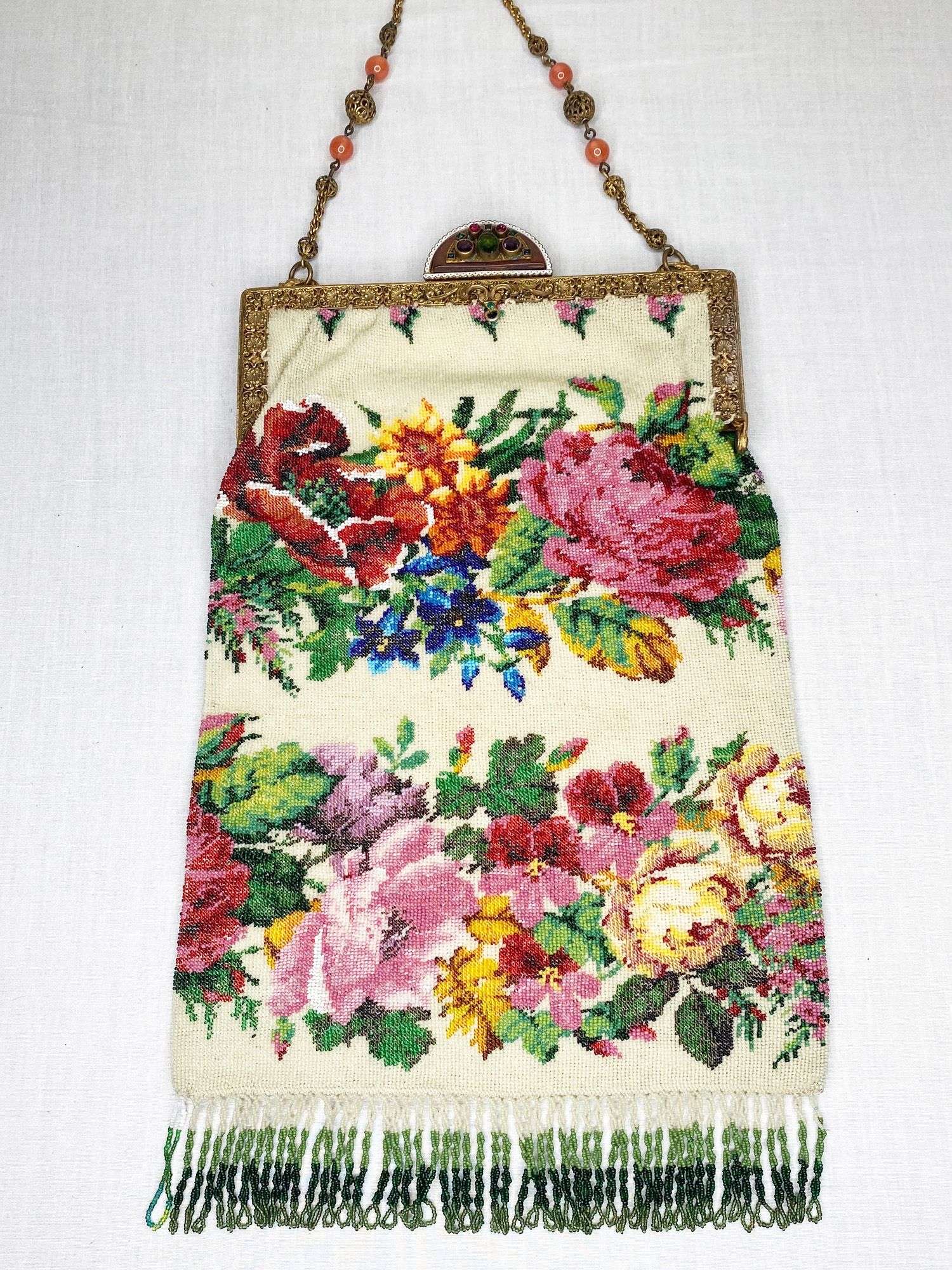 Appraisal: Art Deco Floral Micro Beaded Purse with Jeweled Frame long