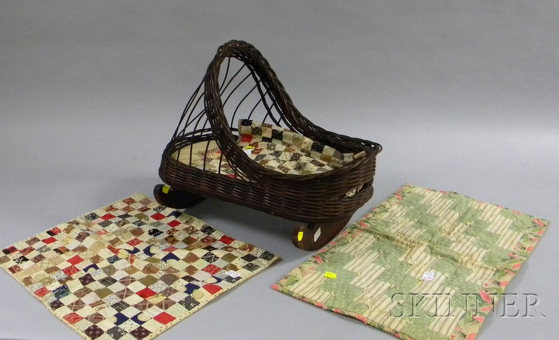 Appraisal: Doll's Wicker and Wooden Hooded Rocking Cradle and Three Pieced