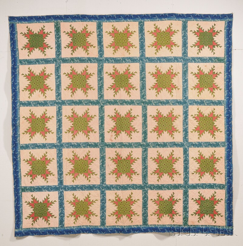 Appraisal: Pieced Printed Cotton Feathered Star Pattern Quilt America c composed