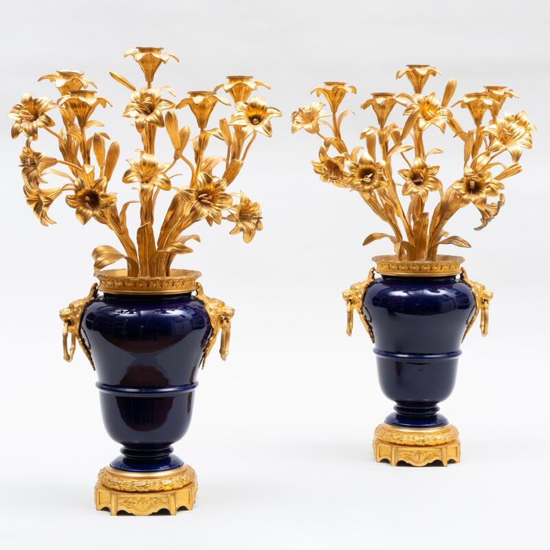 Appraisal: Pair of Napolean III Style Gilt-Bronze-Mounted Cobalt Porcelain Five-Light Candelabra