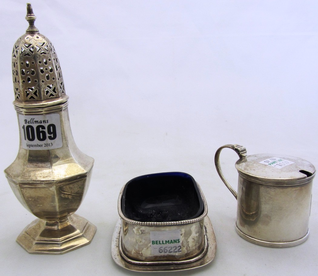 Appraisal: Silver comprising an octagonal sugar caster Birmingham a cylindrical mustard