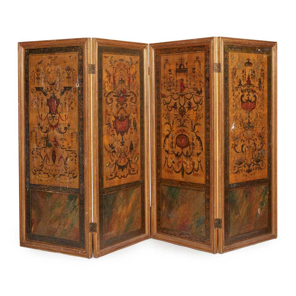 Appraisal: CONTINENTAL PAINTED AND GILT FOUR-FOLD SCREEN TH CENTURY each panel