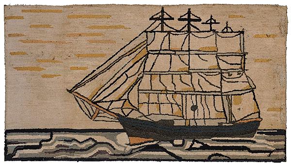 Appraisal: HOOKED RUG OF A FOUR-MASTED SHIP late th century over