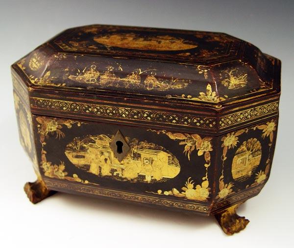 Appraisal: CHINOISERIE TEA CADDY Gold decorated lacquer carved paw feet double