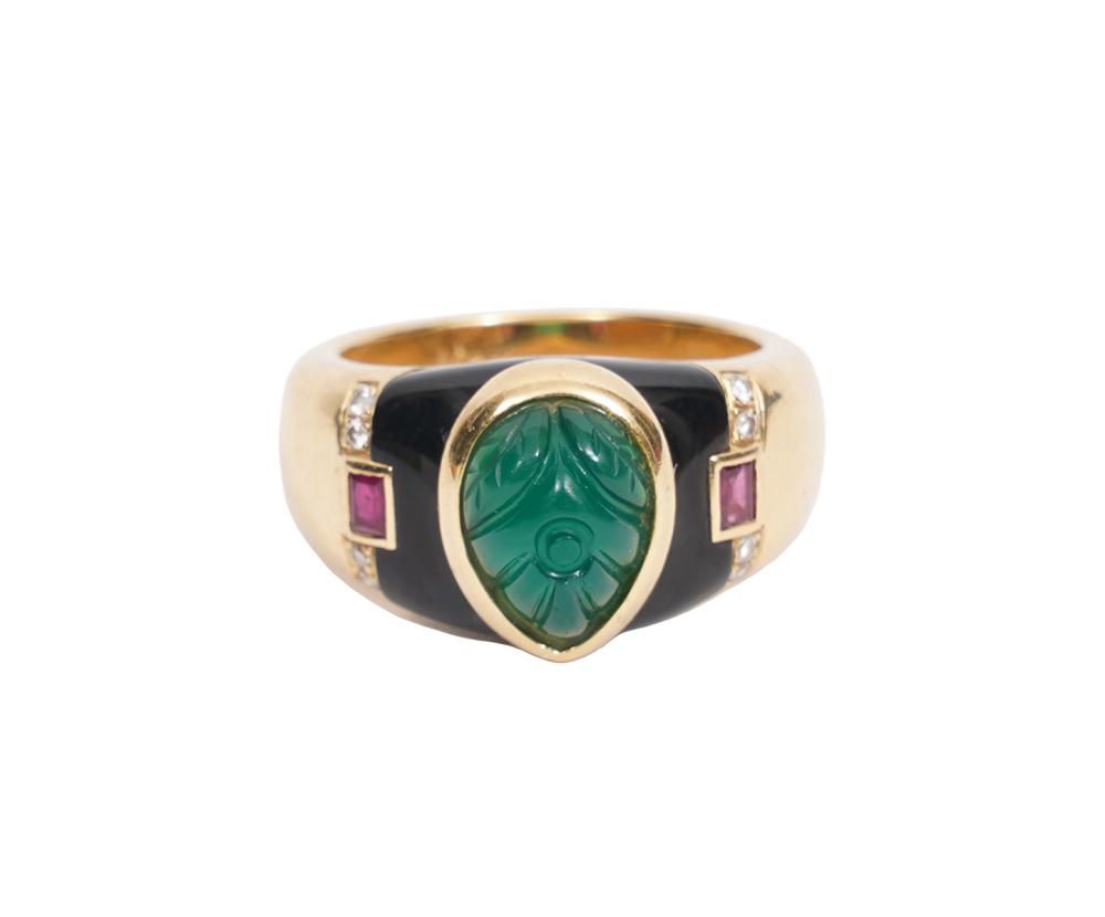 Appraisal: CARTIER GAIA EMERALD RUBY DIAMOND K YG RINGCartier Gaia emerald