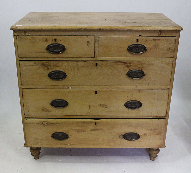 Appraisal: AN OLD STRIPPED PINE CHEST OF TWO SHORT AND THREE