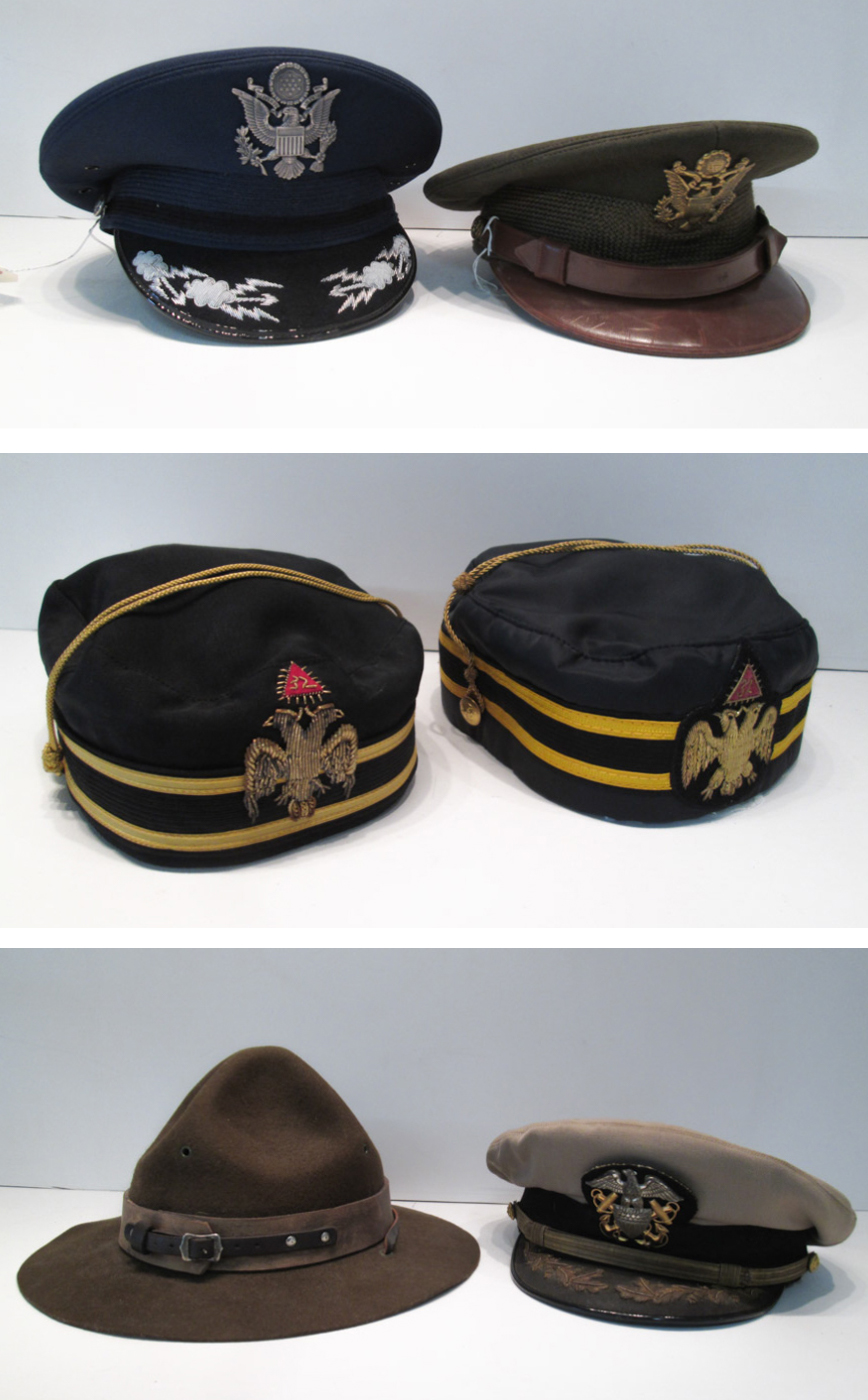 Appraisal: SIX MILITARY AND FRATERNAL LODGE HATS two Scottish Masonic degree