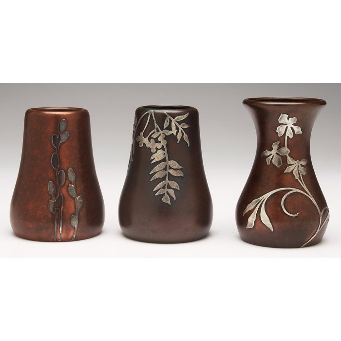 Appraisal: Heintz vases three sterling on bronze applied organic designs all