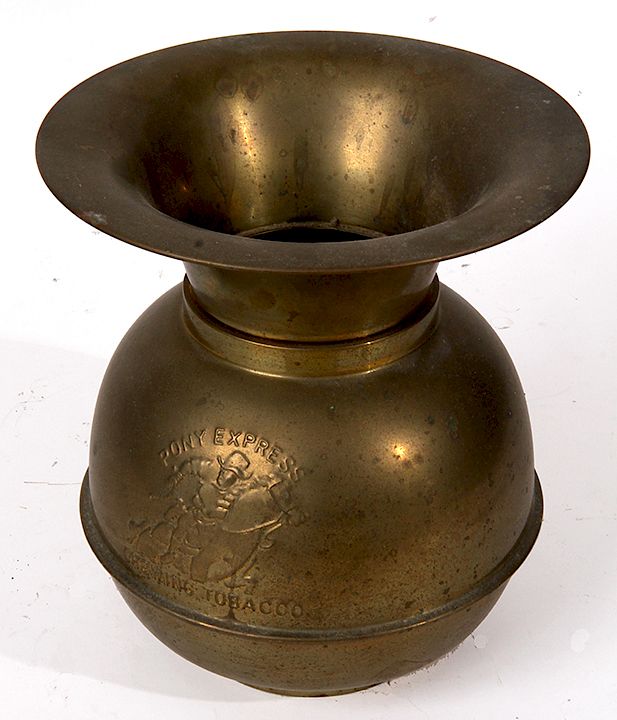 Appraisal: Pony Express Brass Spitoon A mid century brass spitoon embossed