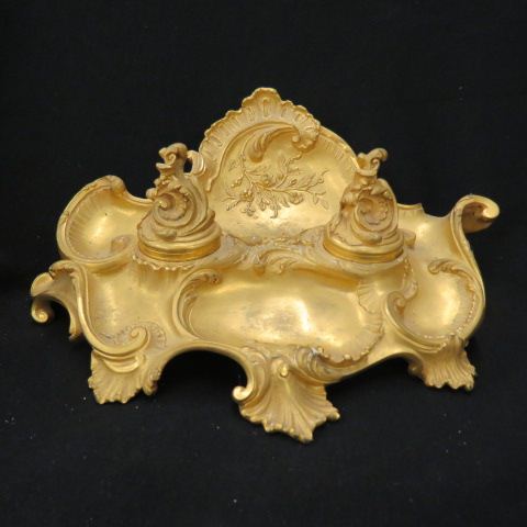 Appraisal: French Dore Bronze Inkstand double well rococo design wide th