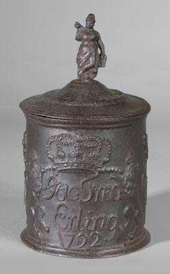 Appraisal: Rare cast iron tobacco jar cylindrical with hinged lid finial