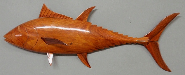 Appraisal: - Carved mahogany big fin tuna signed Rogelio Corden h