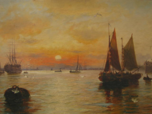 Appraisal: Edwin Hury Eugene Fletcher Oil on Canvas sunset harbor scene