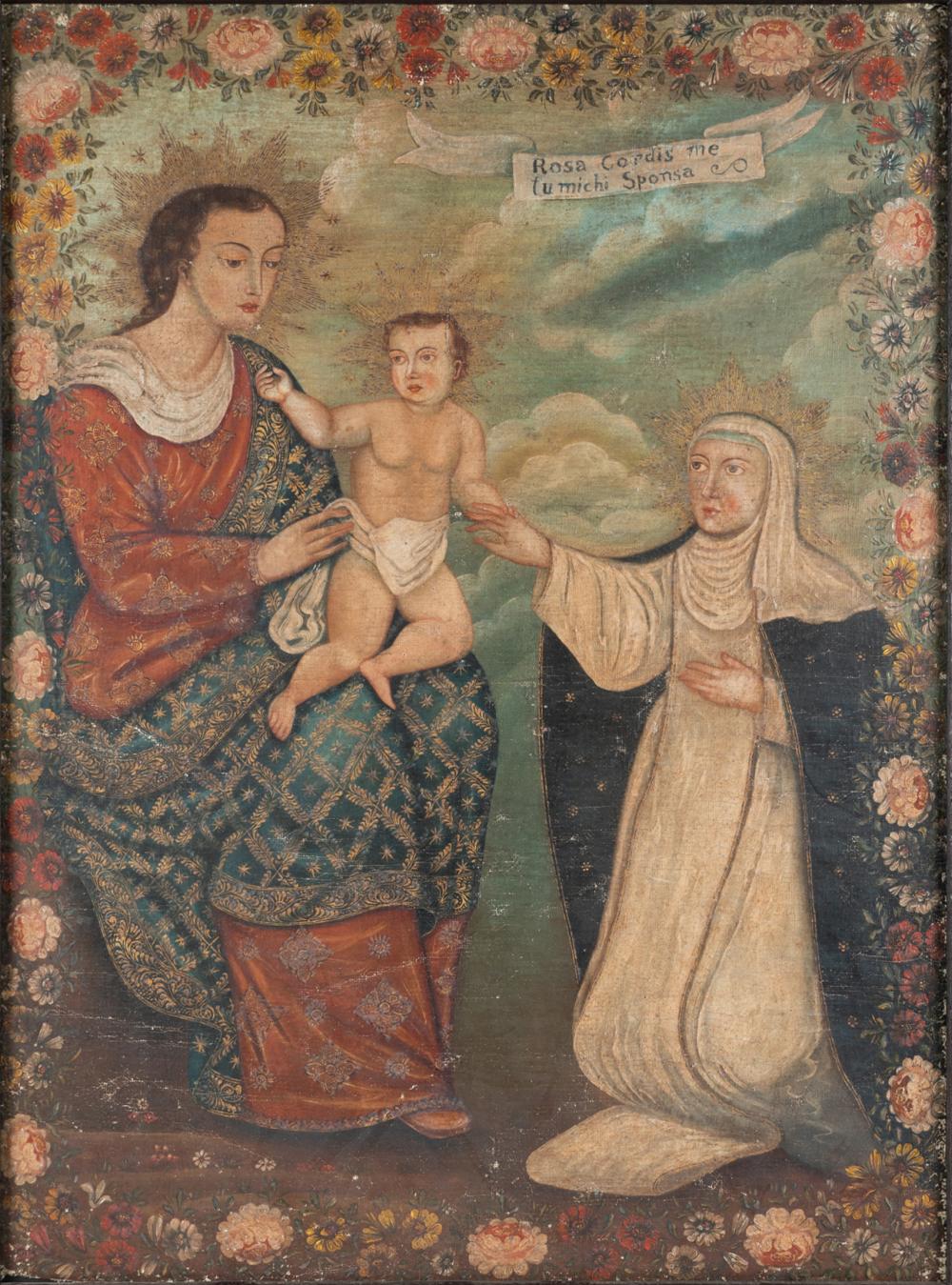 Appraisal: SPANISH COLONIAL SCHOOLthe Holy Family oil on canvas laid to