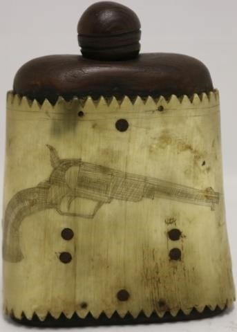 Appraisal: LATE TH CENTURY SCRIMSHAW POWDER HORN WITHCARVED WOOD MOUNTS DEPICTS