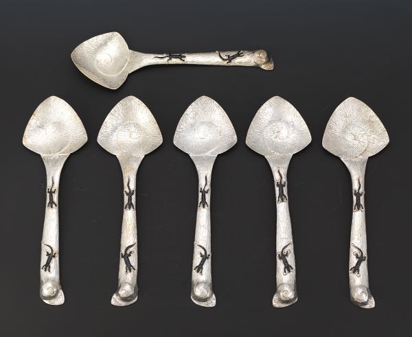 Appraisal: EMILIA CASTILLO SILVER PLATED AND ENAMELED SERVING SPOONS Six silver