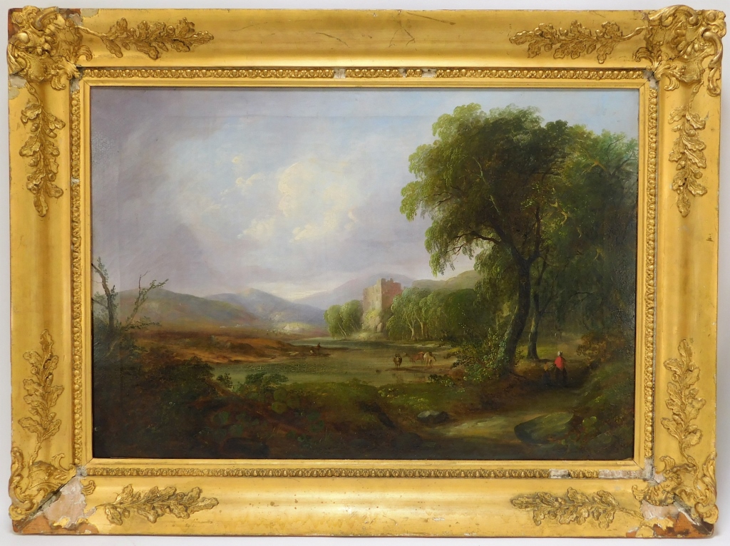 Appraisal: C ENGLISH ROMANTICIST CASTLE LANDSCAPE PAINTING England th CenturyNeoclassical picturesque