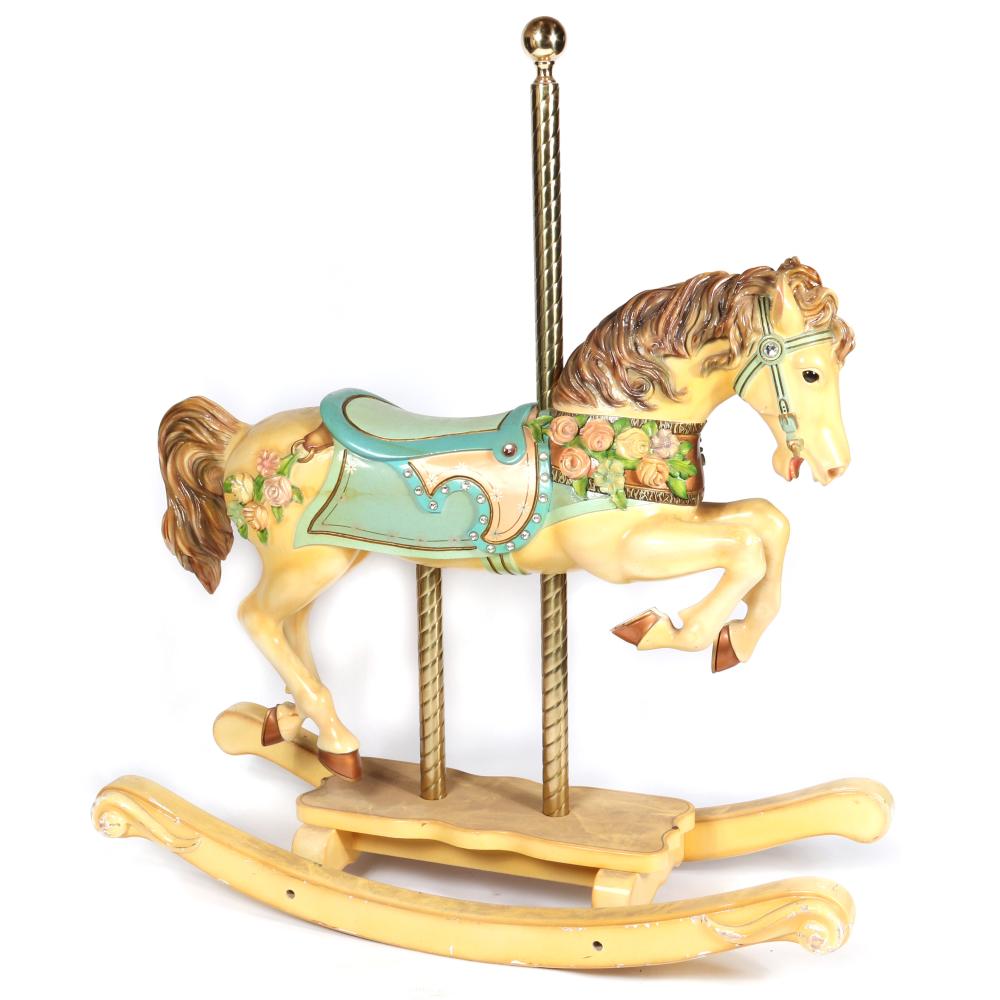 Appraisal: LARGE PAINTED WOODEN CAROUSEL ROCKING HORSE WITH ROPE TWIST BRASS