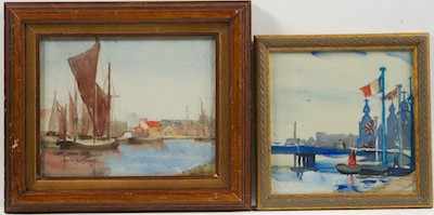 Appraisal: Jean Dryden Alexander British - Sailboats at dock Watercolor on