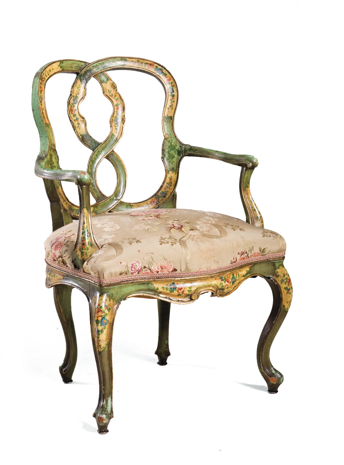 Appraisal: ITALIAN ROCOCO GREEN-PAINTED AND FLORAL-DECORATED CARVED ARMCHAIR POSSIBLY VENETIAN With