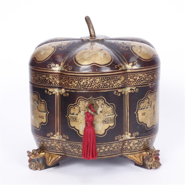 Appraisal: Antique Chinoiserie footed gourd-form lacquered and gilt sewing box with