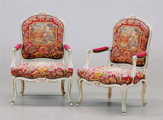 Appraisal: Pair Louis XV style carved and painted armchairs late th