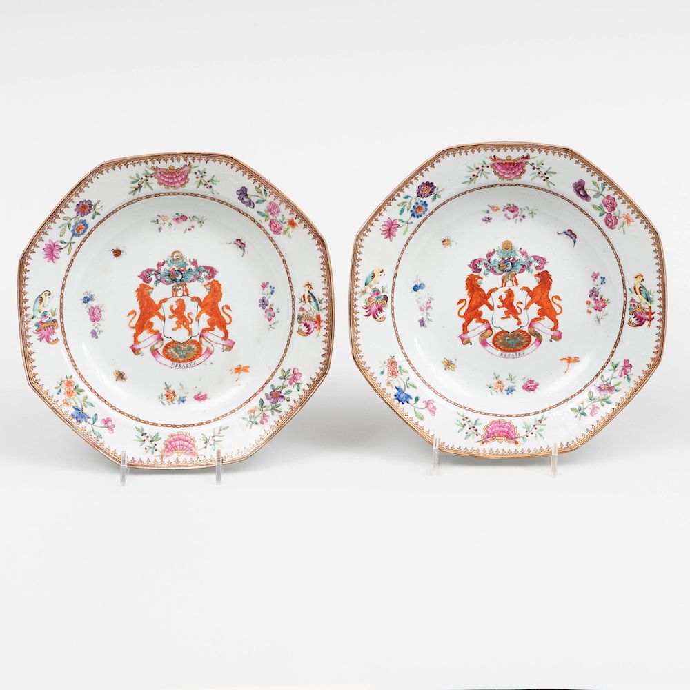 Appraisal: Pair of Chinese Export Porcelain Armorial Octagonal Soup Plates Unmarked