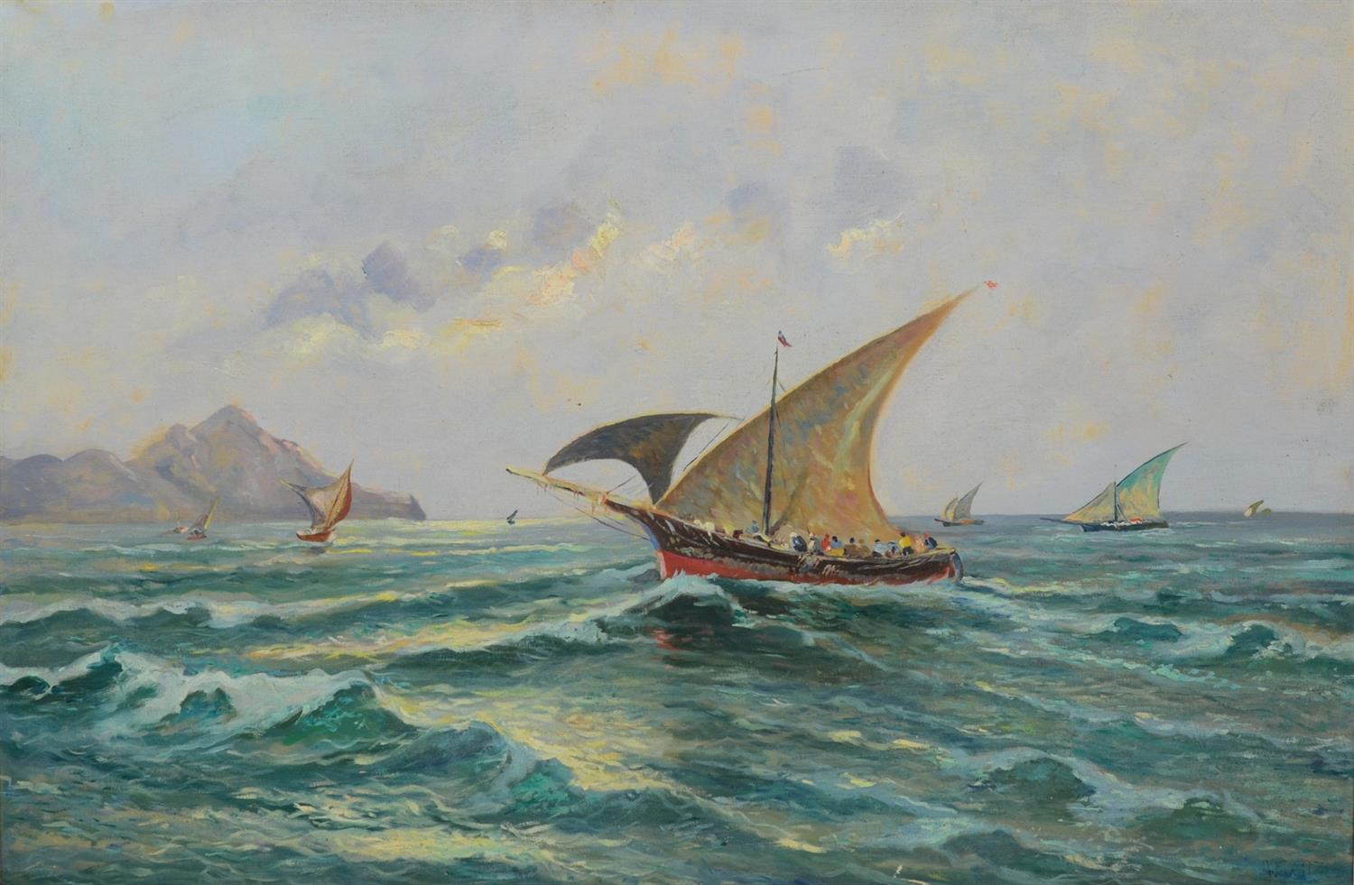 Appraisal: American School th Century oil on canvas Ships at Sea