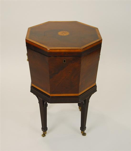 Appraisal: HEPPLEWHITE MAHOGANY INLAID CELLARETTE th century of octagonal form with