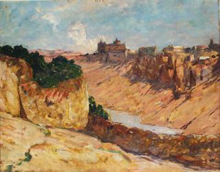 Appraisal: Charles Cottet Oil on board desert landscape with buildings in