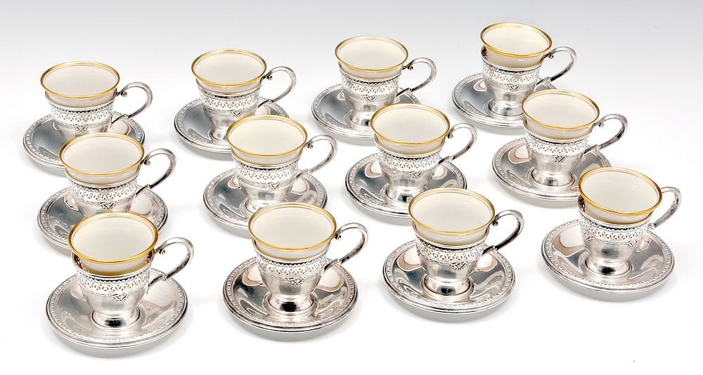 Appraisal: Matthews sterling silver demitasse cups saucers Matthews sterling silver demitasse