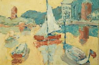 Appraisal: HARRY HERING Impressionist Abstract Harbor Scene Dinghies and sailboats Thick