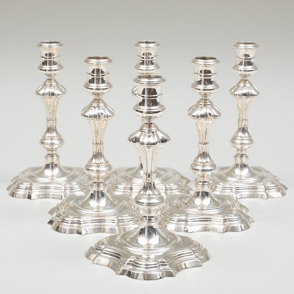 Appraisal: Set of Six George II Style Silver Candlesticks Modern Set