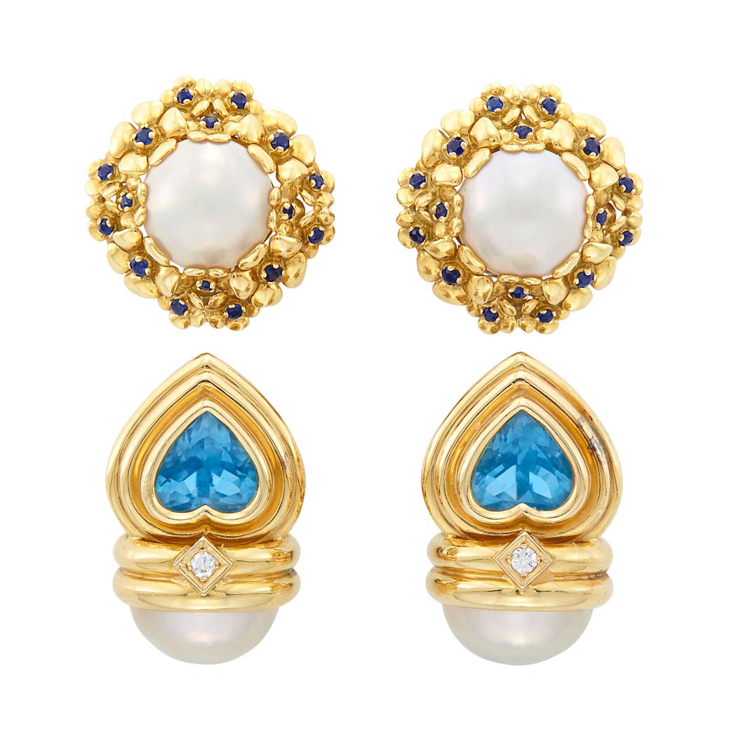 Appraisal: Two Pairs of Gold Mabe Pearl Gem-Set and Diamond Earclips