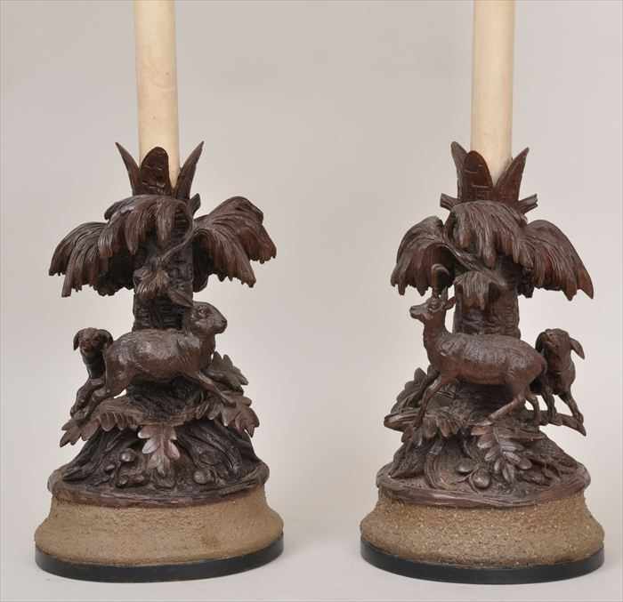 Appraisal: PAIR OF CARVED WALNUT ANIMALIER GROUPS MOUNTED AS LAMPS Carved