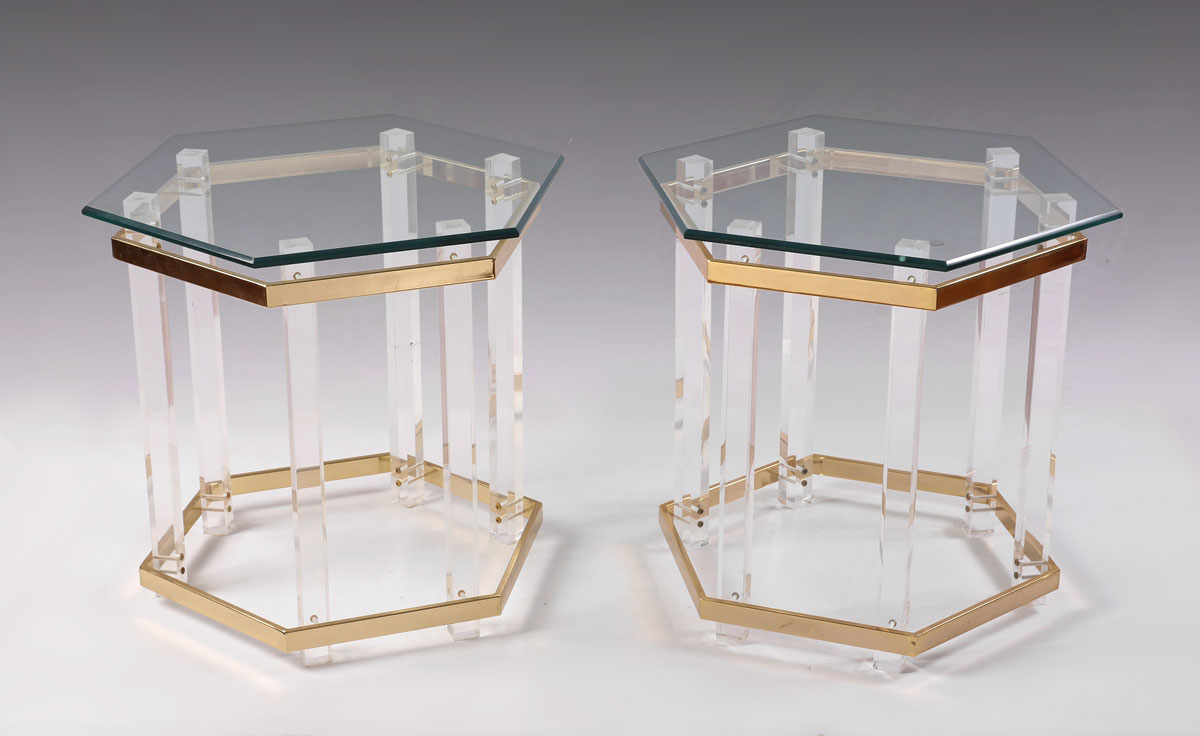 Appraisal: PAIR LUCITE BRASS GLASS SIDE TABLES Hexagonal beveled glass top