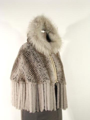 Appraisal: Taupe Knitted Rex Rabbit Poncho w Fox trim Fringes by