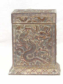 Appraisal: An Oriental metal box decorated with dragons containing two packs