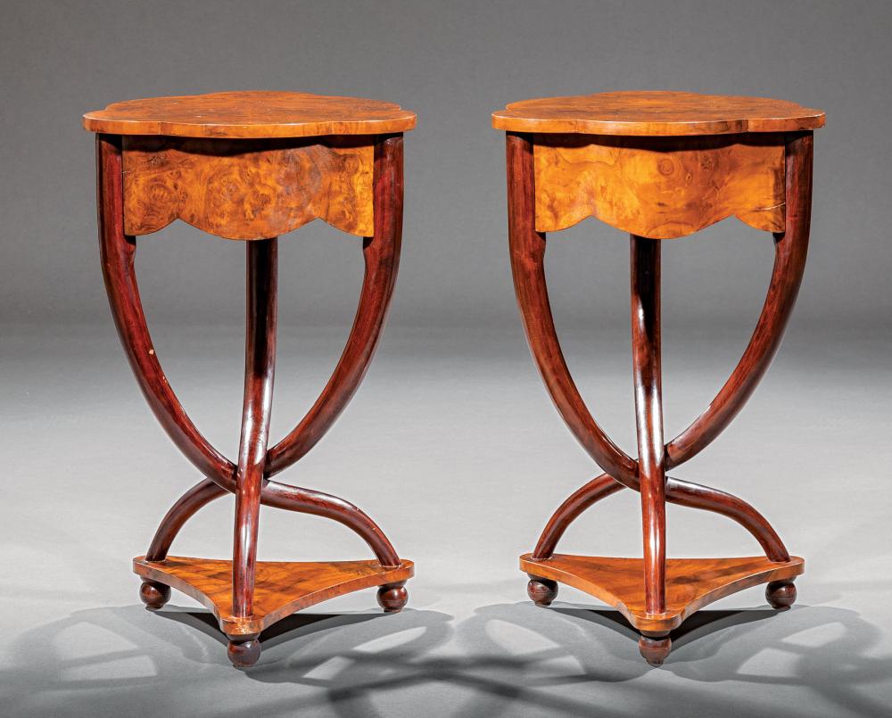 Appraisal: Pair of Biedermeier-Style Burlwood Side Tables shaped top conforming frieze