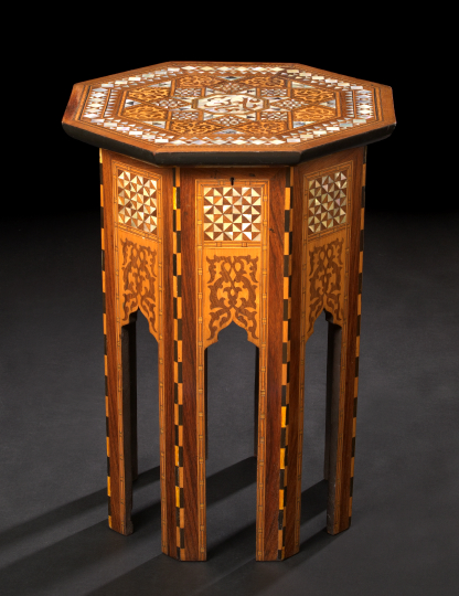 Appraisal: North African Inlaid Hardwood Work Table ca the octagonal top