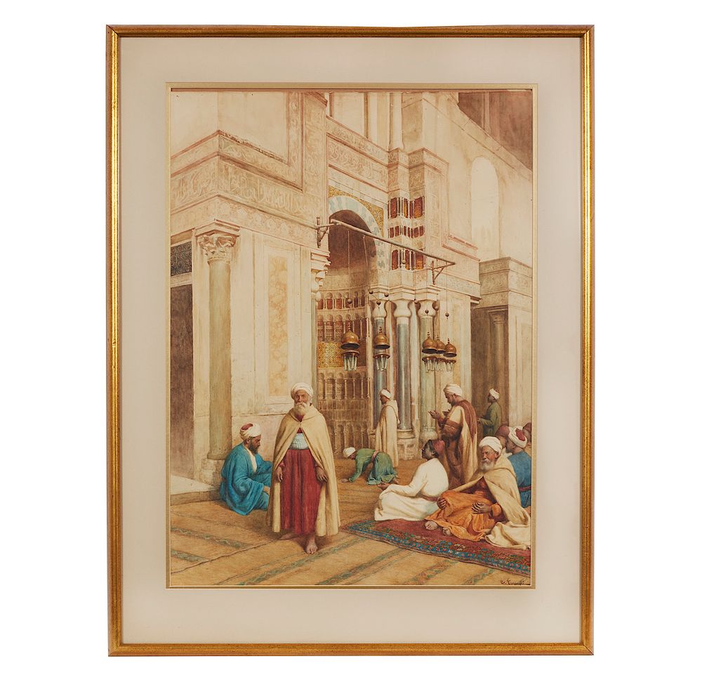 Appraisal: Watercolor Painting Enrico Tarenghi - Worshippers in a Mosque Framed