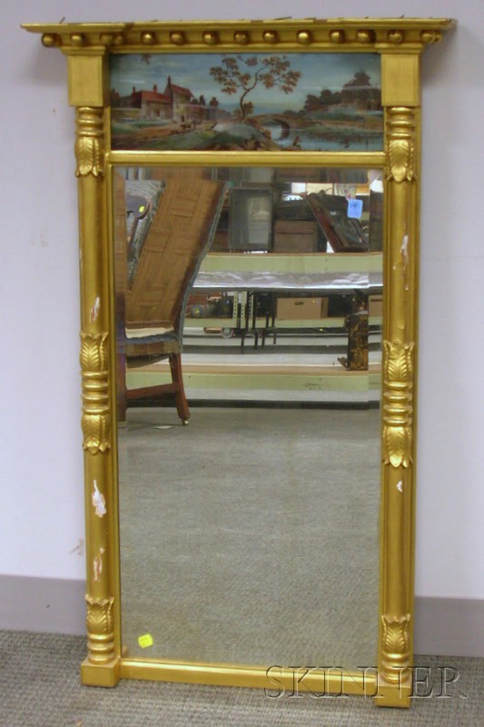 Appraisal: Classical Giltwood and Gesso Tabernacle Mirror with Reverse-painted Glass Tablet