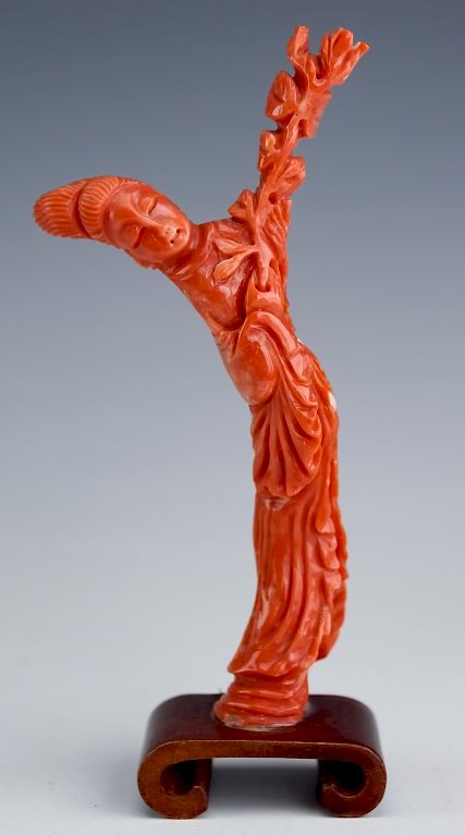 Appraisal: Chinese Red Salmon Branch Coral Guan Yin Statue Vintage Chinese