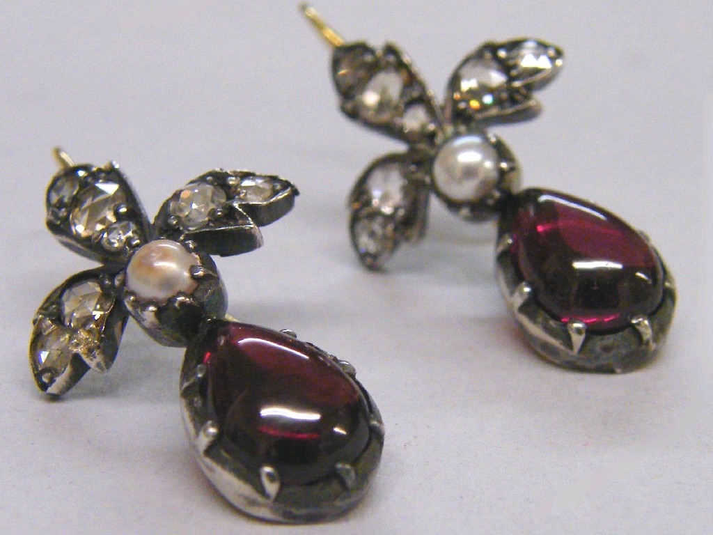 Appraisal: Pair of Victorian style garnet pearl and diamond pendant earrings