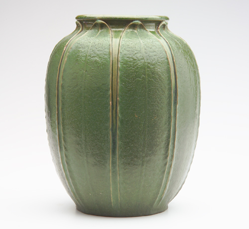 Appraisal: GRUEBY Large melon-shaped vase by Ruth Erickson with full-height tooled