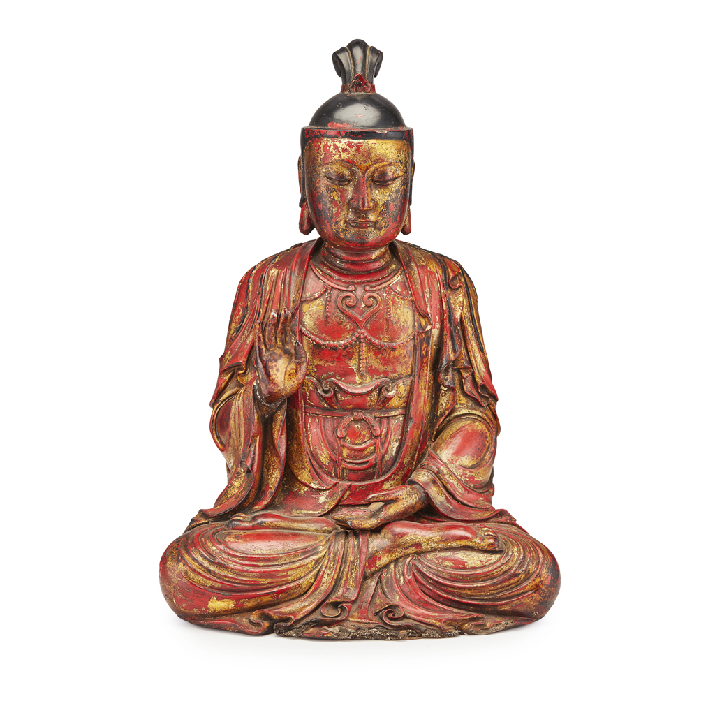 Appraisal: LACQUERED AND GILT WOOD FIGURE OF A SEATED BODHISATTVA the