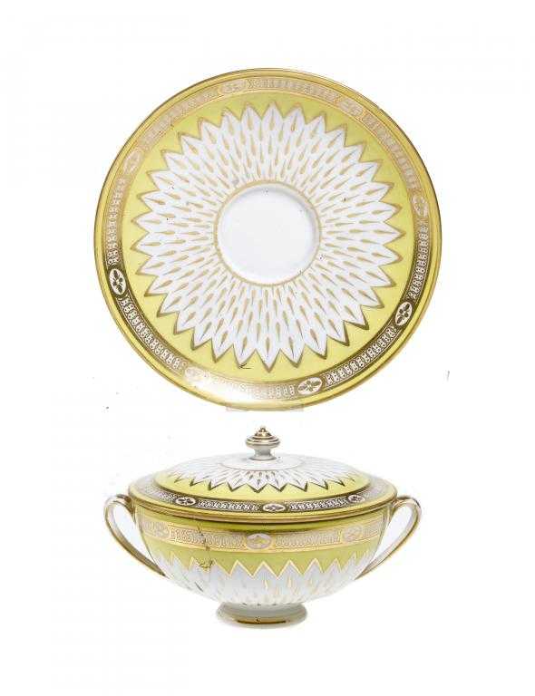 Appraisal: A DERBY YELLOW GROUND BROTH BOWL COVER AND STAND gilt