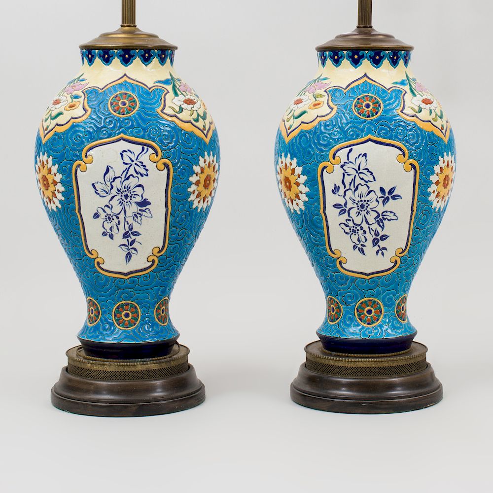 Appraisal: Pair of Longwy Style Porcelain Vases Mounted as Lamps x